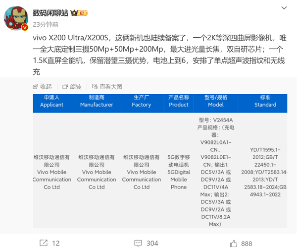 vivo X200 Ultra和X200S通过备案 2亿长焦+双自研芯片 