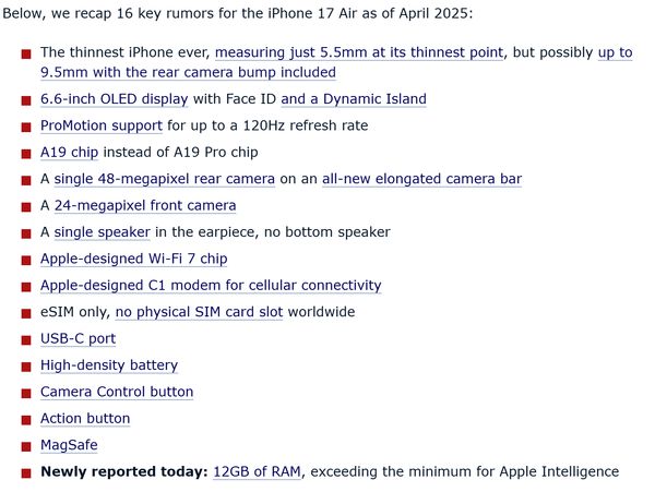 外媒称iPhone 17 Air有16项新设计/功能 配置有所妥协
