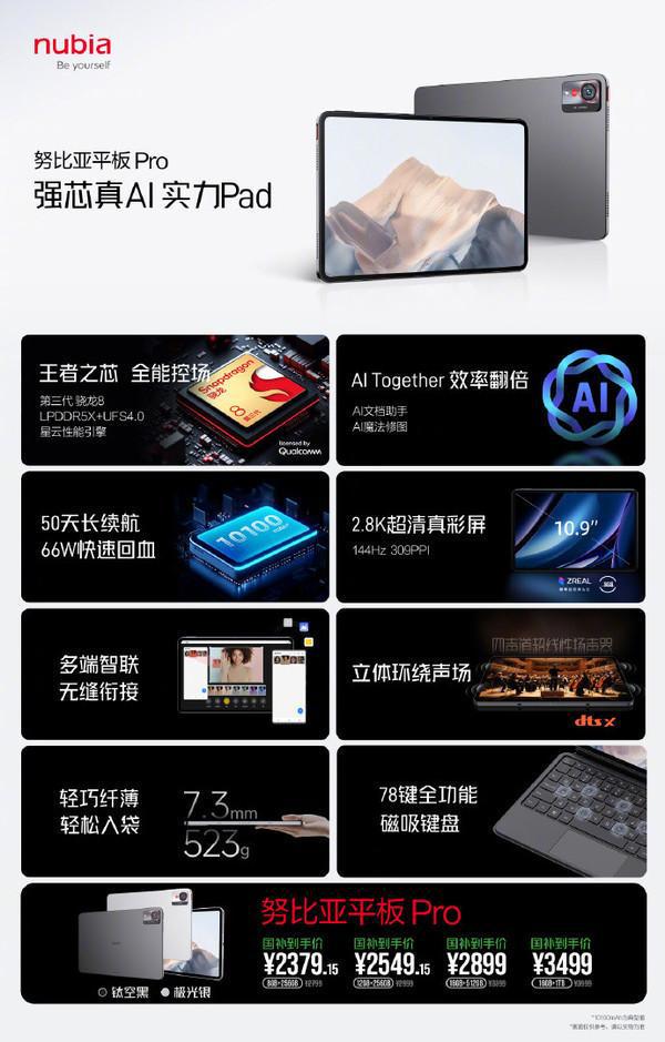 努比亚平板Pro发布 骁龙8G3＋2.8K屏幕 2379元起售